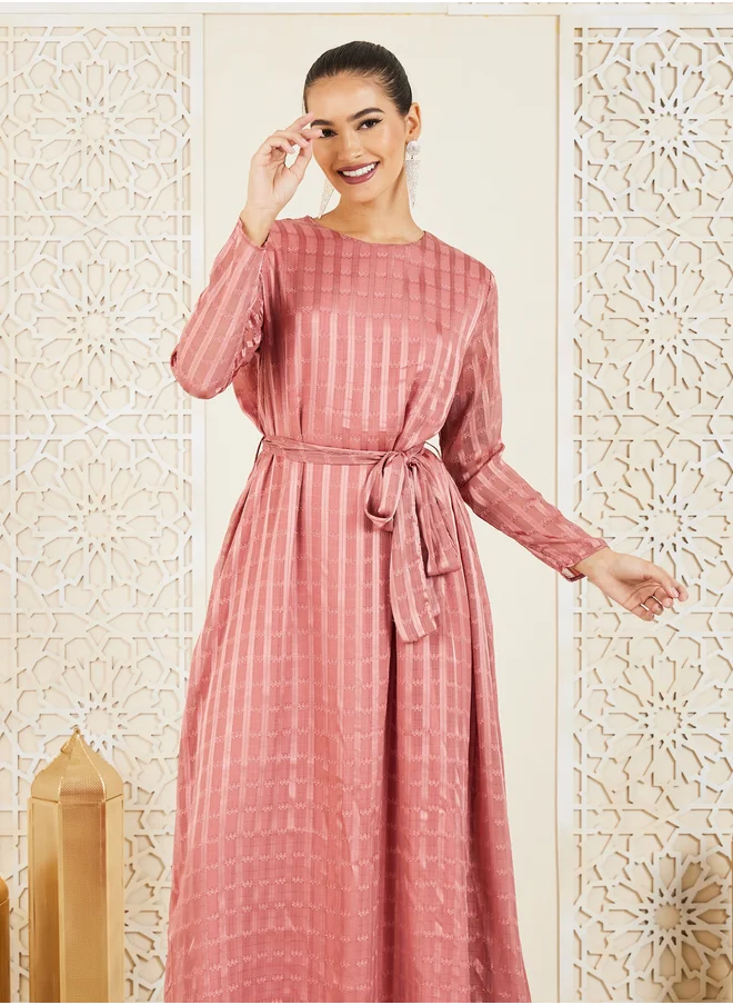 ستايلي Styli Lurex Striped Textured Jalabiya with Self Tie Up