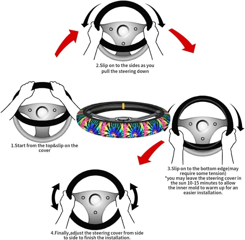 Swono Tie Dye Auto Car Steering Wheel Cover for Women Girls Rainbow Shibori Print 15 Inch Steering Wheel Protector Case,Fits for Automotive Car SUV Sedans - Image 4