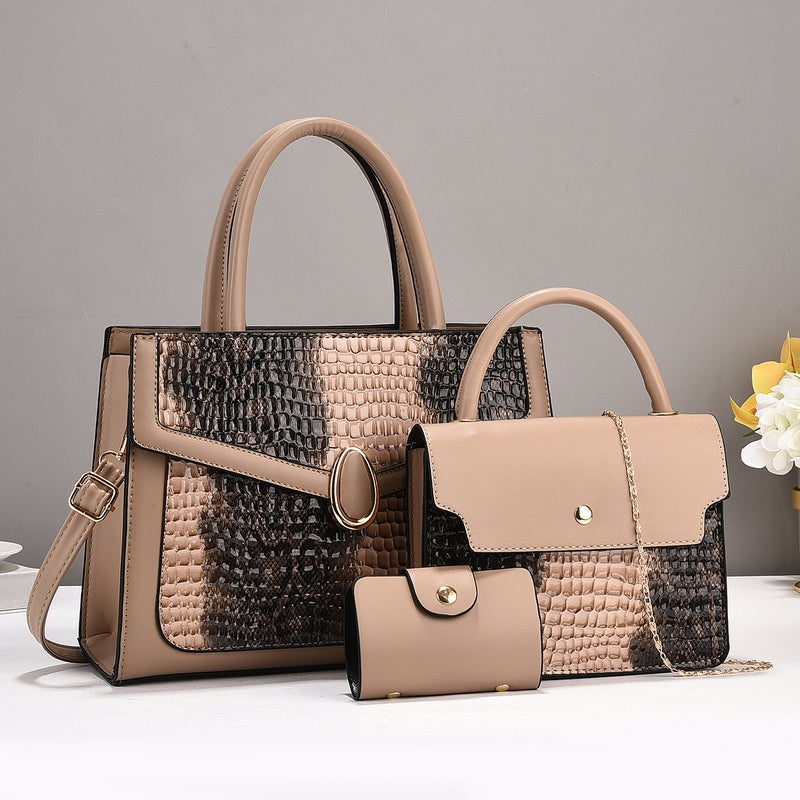 New Snakeskin Pattern Simple High-Grade Large Capacity Shoulder Crossbody Bag High-End Handbag Contrast Color Bag Three-Piece Set - Image 1