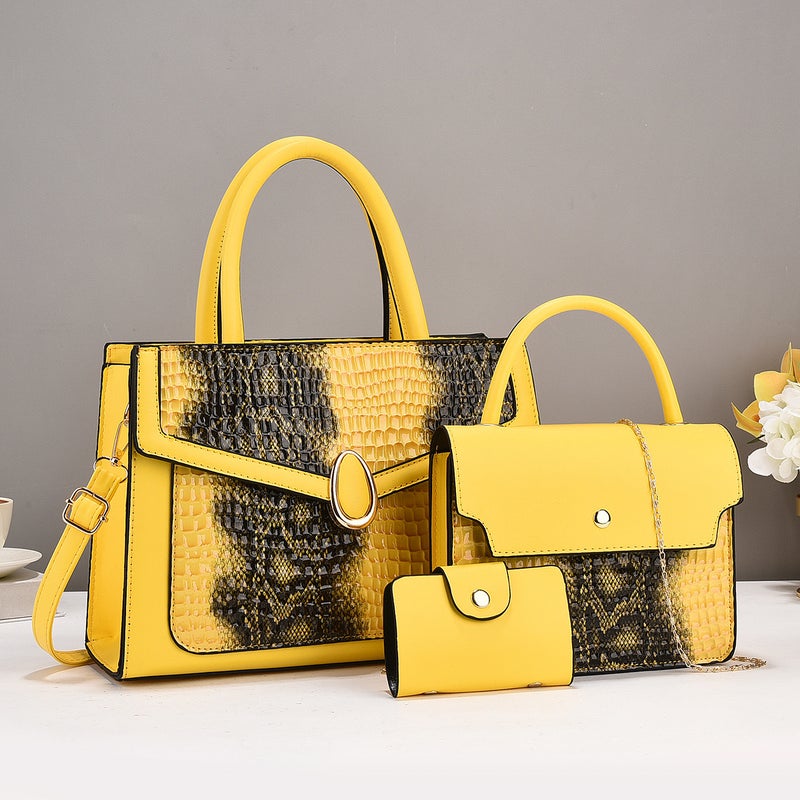 New Snakeskin Pattern Simple High-Grade Large Capacity Shoulder Crossbody Bag High-End Handbag Contrast Color Bag Three-Piece Set - Image 3