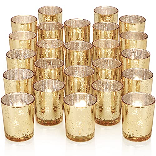 DARJEN Gold Tea Lights Candles Holders for Wedding Centerpieces, Votive Candle Holders for Party Home Wedding Shower Decorations, Table - Mercury Glass Votives, 24Pcs - Image 1