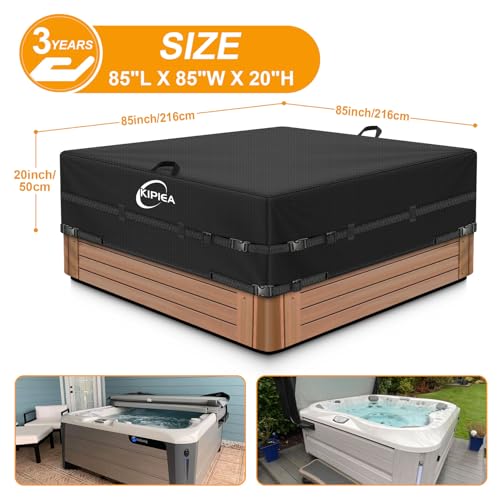 Kipiea 600D Outdoor Waterproof Square Hot Tub Cover Protector, Heavy Duty Polyester SPA Cover UV Protection Cover 85" L x 85" W x 20" H, Black - Image 2