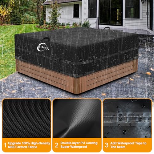 Kipiea 600D Outdoor Waterproof Square Hot Tub Cover Protector, Heavy Duty Polyester SPA Cover UV Protection Cover 85" L x 85" W x 20" H, Black - Image 3