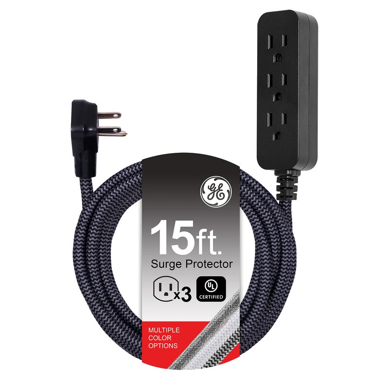 GE 3Outlet Power Strip Surge Protector 15 Ft Braided Long Cord Extension Cord Surge Protector Power Strip Flat Plug Extension Cord 250 Joules ETL Listed Black 44237