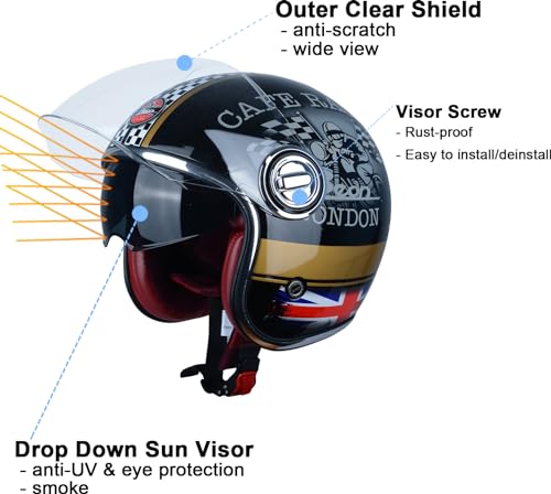 BEON Open Face Motorcycle Helmet for Adults DOT ApprovedMoped 34 Half Vespa Vintage Helmet with Dual Visors for Men and Women - Image 3