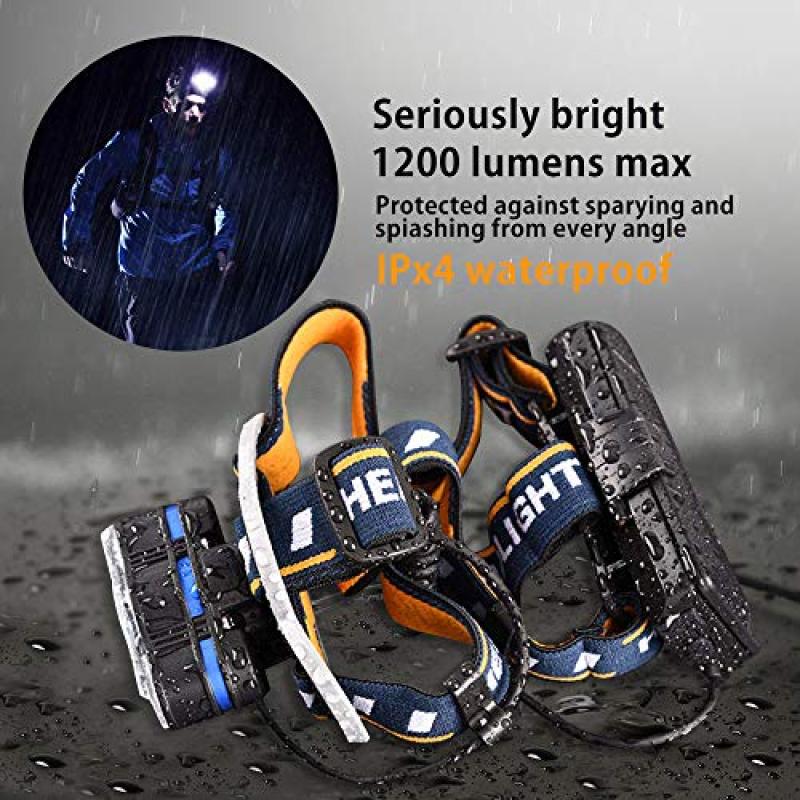 مصباح رأسي LED قابل لإعادة الشحن: 13000 لومن (مصفوفة 8 مصابيح LED)، مقاوم للماء بنظام IPX4، تحكم بمفاتيح مزدوجة - 8 أوضاع إضاءة، بطارية سعة 3200 مللي أمبير للساعة للخيام والتصوير السريع والعمل الهوائي والصيد - Image 4