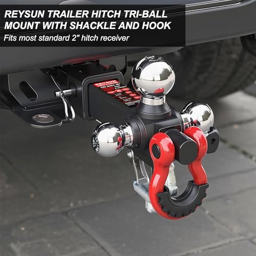 REYSUN Trailer Hitch Tri-Ball Mount: with Swivel Tow Shackle and Tow Hook, fits for 2-inch Receiver, Chrome Trailer Ball Size 1-7/8", 2" and 2-5/16" and 5/8" Hitch Lock Pin - Image 2
