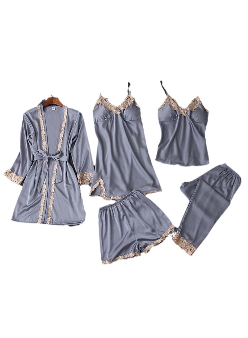 5pcs Ice Silk Pajamas Thin Lace Suspender Long Sleeve Pajama Set  - Image 1