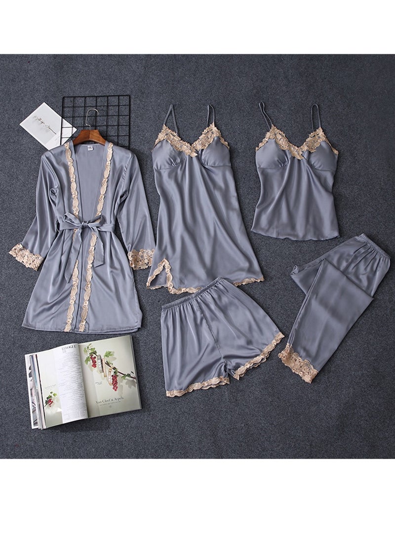 5pcs Ice Silk Pajamas Thin Lace Suspender Long Sleeve Pajama Set  - Image 2