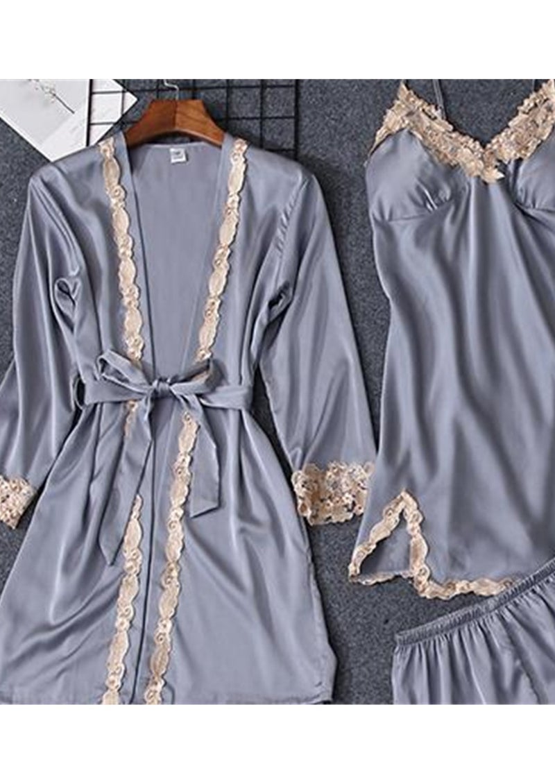 5pcs Ice Silk Pajamas Thin Lace Suspender Long Sleeve Pajama Set  - Image 3