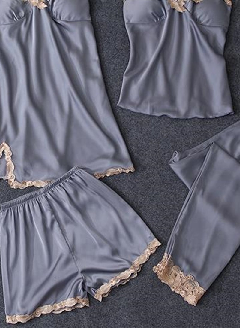 5pcs Ice Silk Pajamas Thin Lace Suspender Long Sleeve Pajama Set  - Image 4