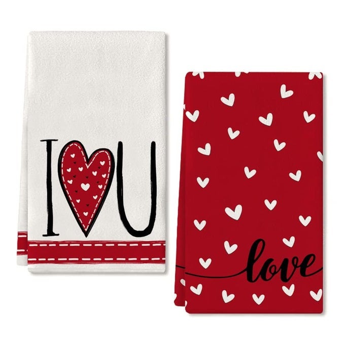 VALENTINES DAY KITCHEN TOWELS RED HEART DISH TOWELS 18X26 INCH ULTRA ABSORBENT WEDDING DRYING CLOTH I LOVE U SIGN HAND TOWEL FOR VALENTINE DECORATIONS SET OF 2