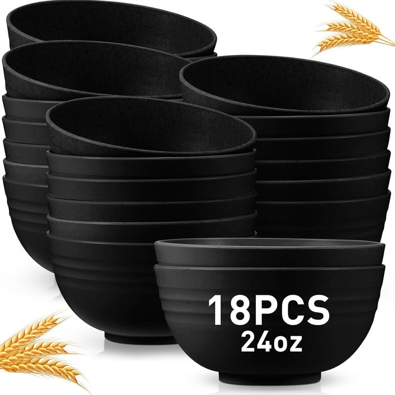 Geosar 18 Pcs Unbreakable Cereal Bowls 24 Oz Microwave and Dishwasher Safe Wheat Straw Fiber Lightweight Bowl for Soup Kitchen Serving Salad Dishes OatmealBlack - Image 1