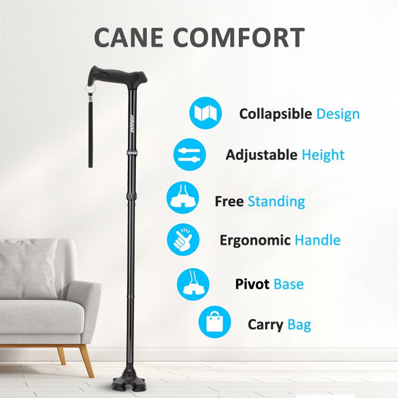 REHAND Walking Cane for Men & Women - Foldable, Adjustable, Lightweight, Self Standing Pivot Walking Cane, Soft Handle Grip, with Travel Bag, Walking Sticks for Seniors & Adults (Black) - Image 2