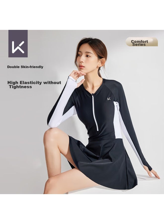 Keep Women's Long-sleeve Professional One-piece Swimsuit, Plus Size, Conservative, For Hot Springs, Soft Black-gray, Size L - Image 1