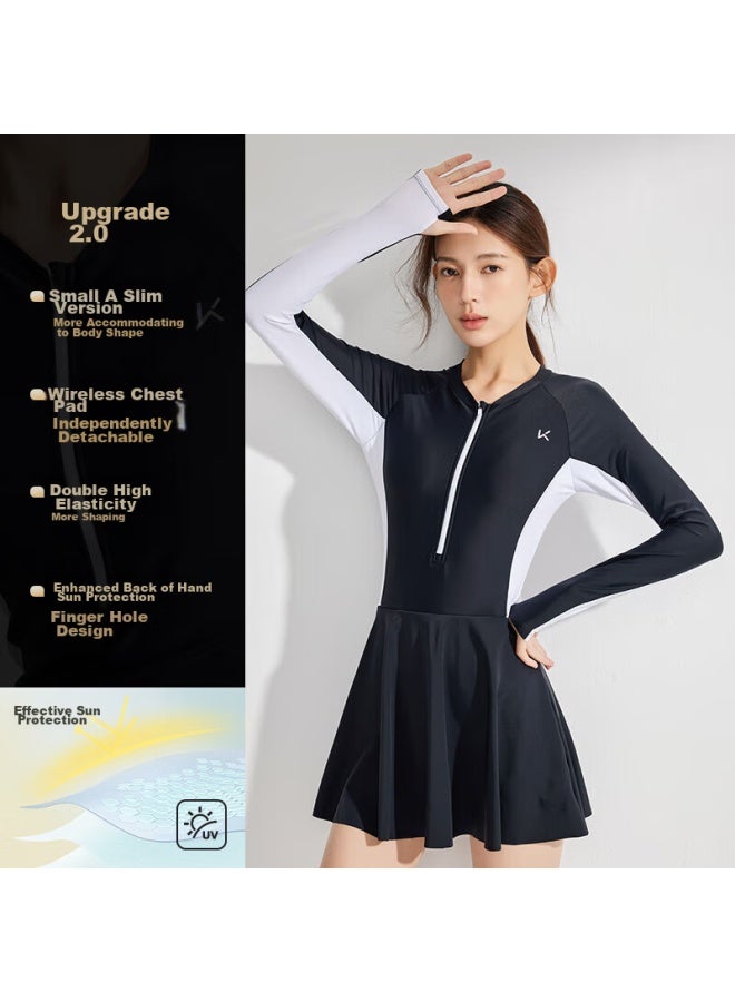 Keep Women's Long-sleeve Professional One-piece Swimsuit, Plus Size, Conservative, For Hot Springs, Soft Black-gray, Size L - Image 2