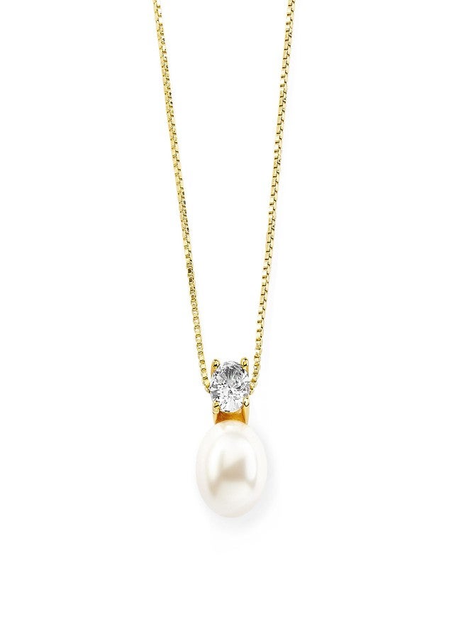 Mariell White Pearl Bridal, Bridesmaid 14K Gold Plated Necklace with Cubic Zirconia Crystal, Pearl Wedding Jewelry, Perfect for Mother of the Bride, Birthday Gift, Everyday Wear - Image 1