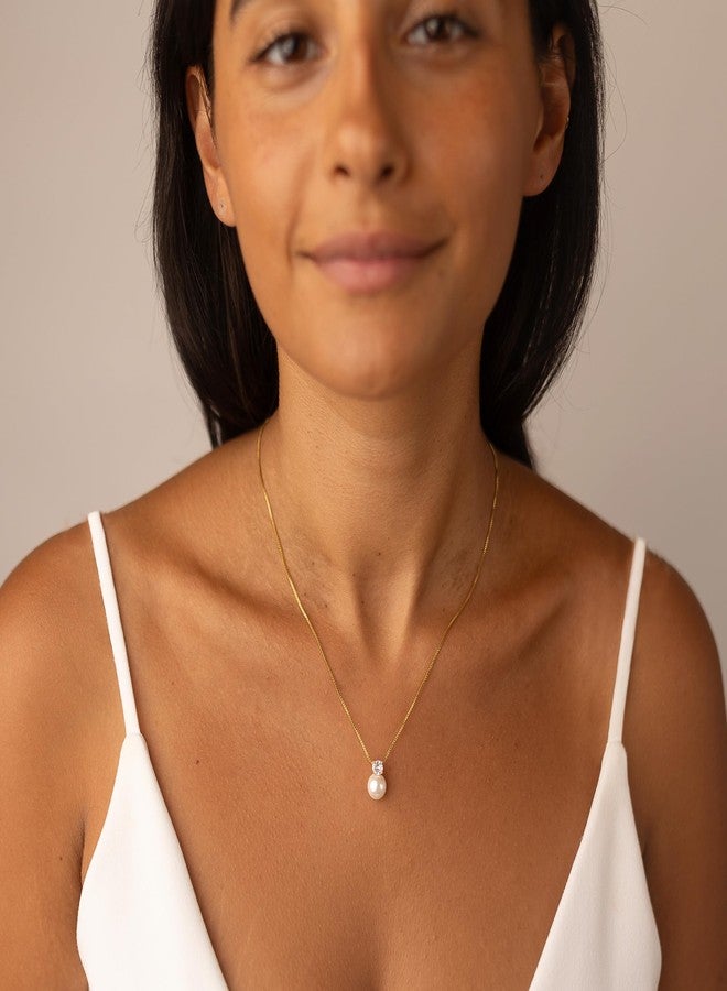 Mariell White Pearl Bridal, Bridesmaid 14K Gold Plated Necklace with Cubic Zirconia Crystal, Pearl Wedding Jewelry, Perfect for Mother of the Bride, Birthday Gift, Everyday Wear - Image 2