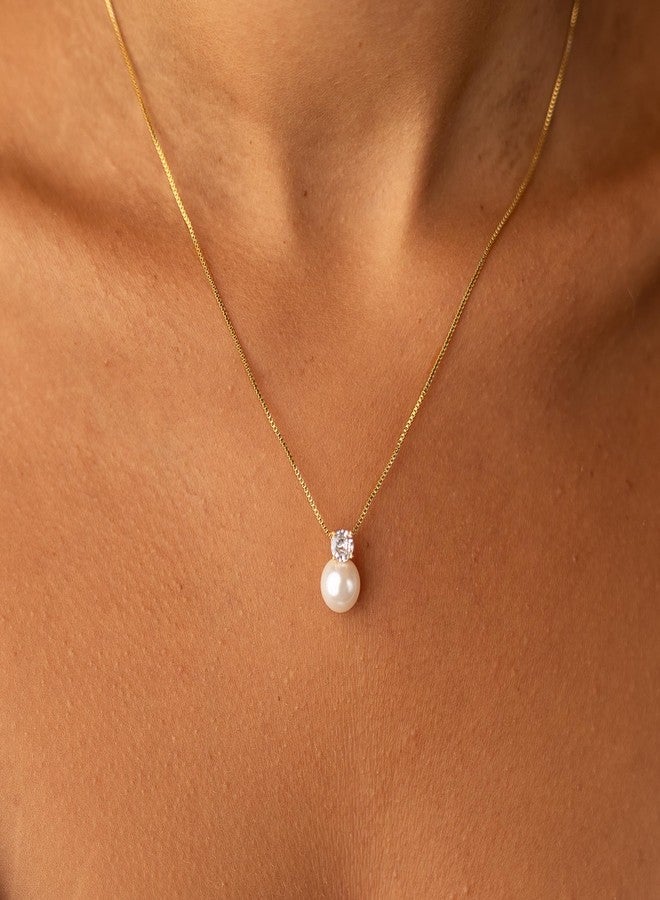 Mariell White Pearl Bridal, Bridesmaid 14K Gold Plated Necklace with Cubic Zirconia Crystal, Pearl Wedding Jewelry, Perfect for Mother of the Bride, Birthday Gift, Everyday Wear - Image 3