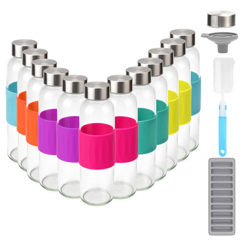 Zukro Glass Water Bottles with Lids & Silicone Grip Sleeve 18 oz, 12 Pack Reusable 100% Leak Proof Juice Bottles With Stainless Steel Cap for Juicing, Smoothie Drinking Jar, Fridge & Dishwasher Safe - Image 1