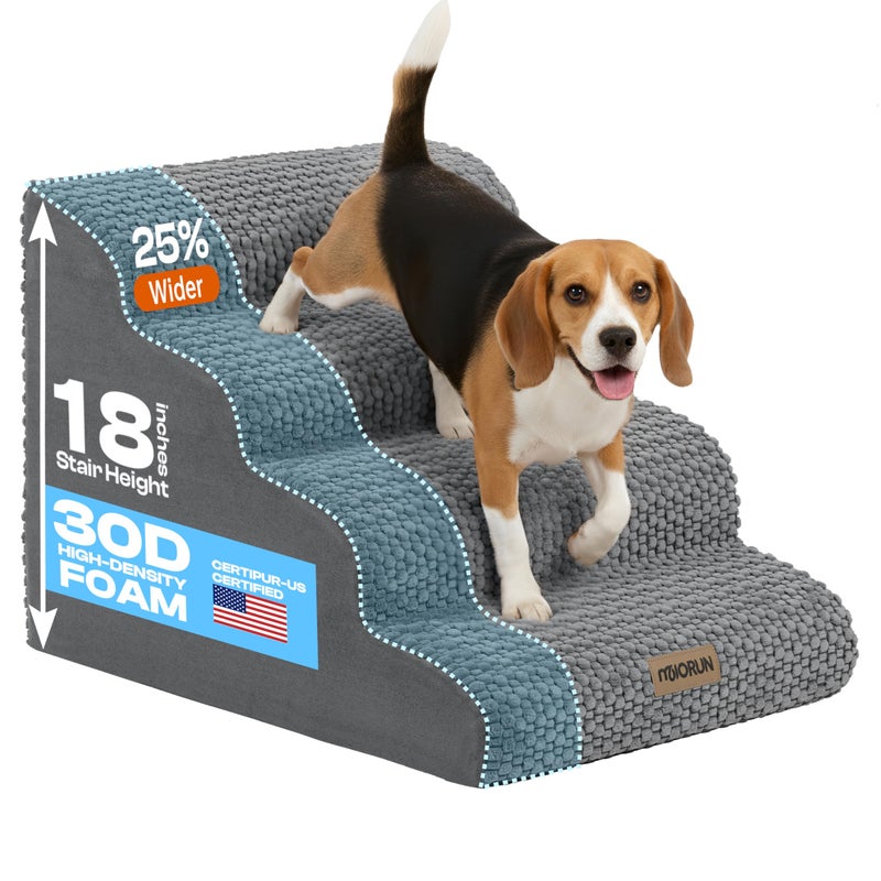 Miorun Extra Wide 4-Step Dog Stairs for Bed & Couch 18" H, More Stable Non-Slip Pet Steps with Balanced Foam Structure and Gentle Slopes, Stylish Indoor Dog Steps for Small & Medium Dogs, Gray - Image 1