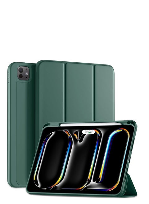 iPad Pro 11 Inch Case 2024 M4 with Pencil Holder, Trifold Stand with TPU Back Shockproof Case for iPad Pro 11 2024 Support Apple Pencil Pro/USB-C (Green)