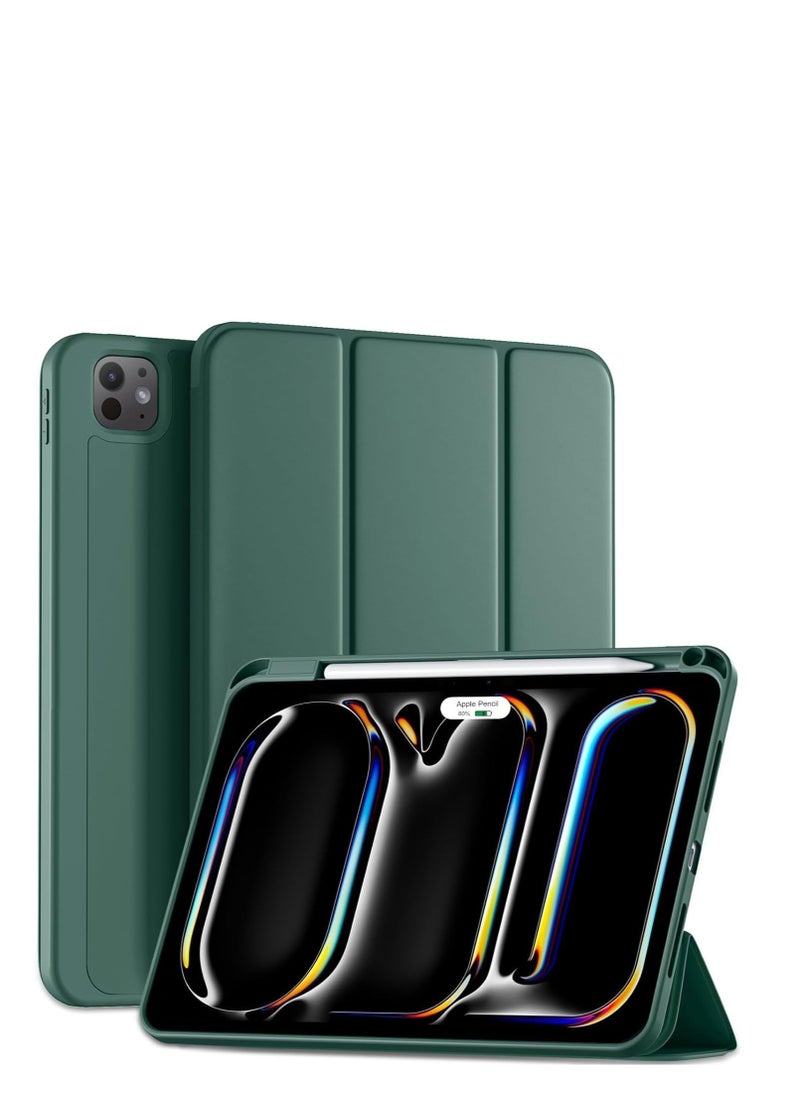 iPad Pro 11 Inch Case 2024 M4 with Pencil Holder, Trifold Stand with TPU Back Shockproof Case for iPad Pro 11 2024 Support Apple Pencil Pro/USB-C (Green)