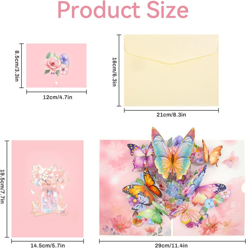 YooxArmor Mothers Day Card for Mom, 3D Pop Up Butterfly Flower Greeting Card for Daughter, Happy Birthday Anniversary Card with Envelope (Light Pink) - Image 3