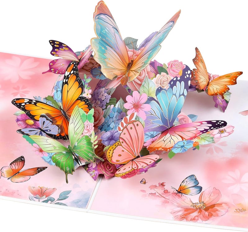 YooxArmor Mothers Day Card for Mom, 3D Pop Up Butterfly Flower Greeting Card for Daughter, Happy Birthday Anniversary Card with Envelope (Light Pink) - Image 1