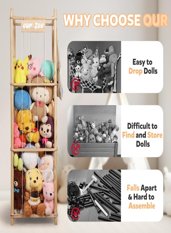 TOPHDY Stuffed Animal Storage Organizer, Large Wooden Zoo Toy Holder with Pockets, Plushie, Stuffy,Toy Storage for Kids Room, Playroom, Bedroom(Natural Large) - Image 5