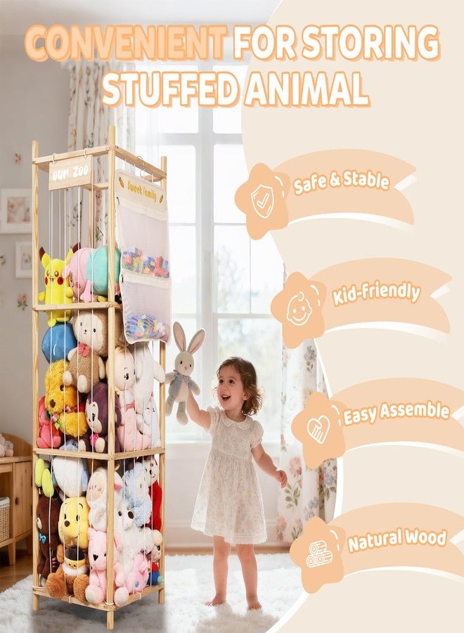 TOPHDY Stuffed Animal Storage Organizer, Large Wooden Zoo Toy Holder with Pockets, Plushie, Stuffy,Toy Storage for Kids Room, Playroom, Bedroom(Natural Large) - Image 3