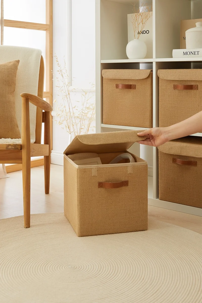 Ocean Home Textile 3 Pieces Jute Covered Cabinet Laundry Toy Organizer Folding Storage Box Organizer 30x30x30 cm