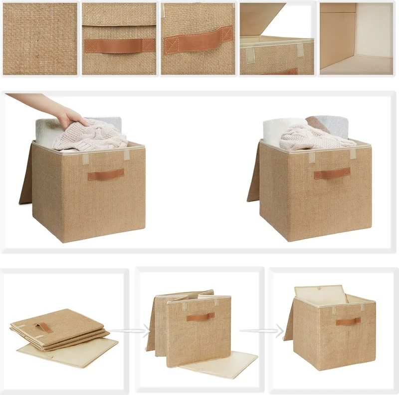 Ocean Home Textile 3 Pieces Jute Covered Cabinet Laundry Toy Organizer Folding Storage Box Organizer 30x30x30 cm
