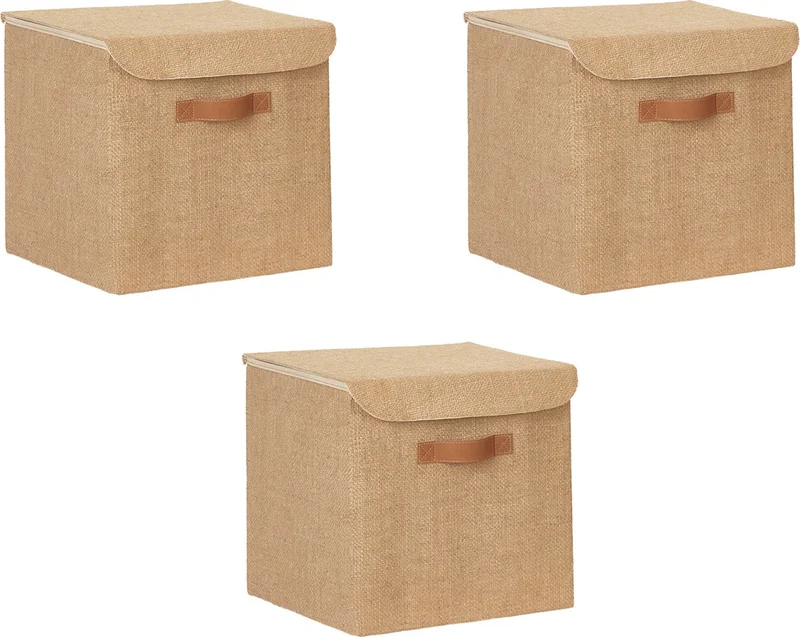 Ocean Home Textile 3 Pieces Jute Covered Cabinet Laundry Toy Organizer Folding Storage Box Organizer 30x30x30 cm