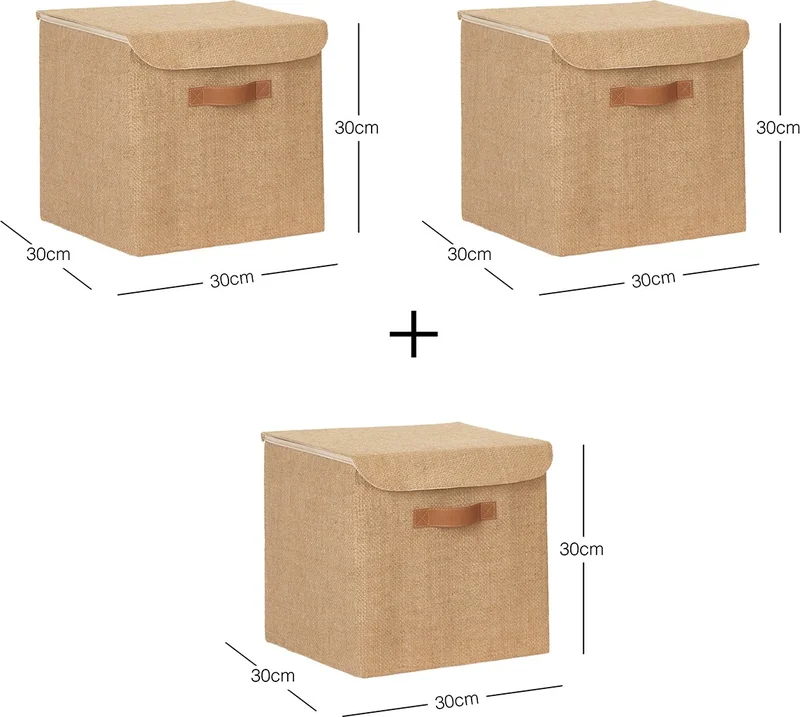 Ocean Home Textile 3 Pieces Jute Covered Cabinet Laundry Toy Organizer Folding Storage Box Organizer 30x30x30 cm
