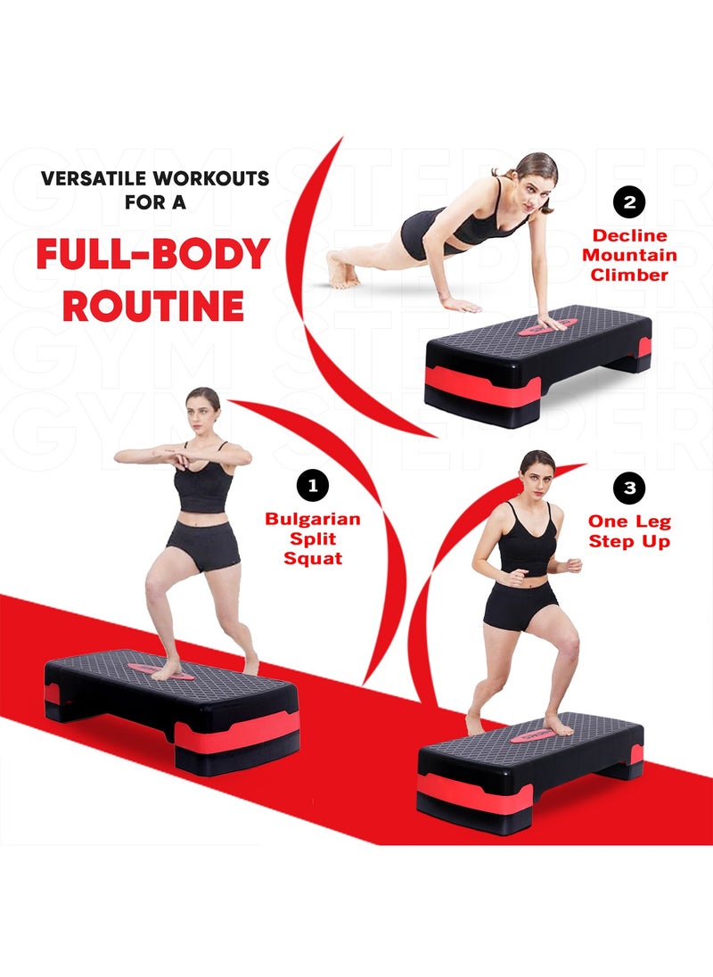 Sparnod Fitness SAS-1000 Aerobic Gym Stepper for Exercise at Home, Adjustable Height, Anti-Skid Surface, Supports up to 225 kg, Compact & Portable, Ideal for Cardio, Strength Training & Pilates Red