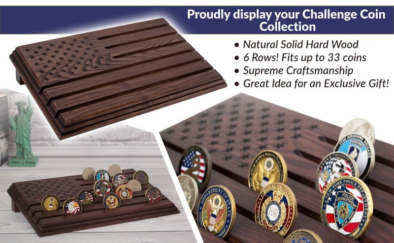 TESLYAR 6 Rows Military Challenge Coins Display Stand - Wooden Holder for 30-36 Coins - Solid Wood Display Rack for Desk - Army Collectible Challenge Coin Display Case - American Flag Design (Brown) - Image 3