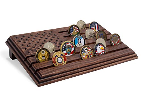 TESLYAR 6 Rows Military Challenge Coins Display Stand - Wooden Holder for 30-36 Coins - Solid Wood Display Rack for Desk - Army Collectible Challenge Coin Display Case - American Flag Design (Brown) - Image 1