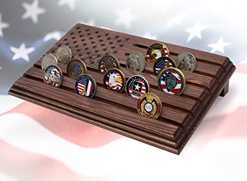 TESLYAR 6 Rows Military Challenge Coins Display Stand - Wooden Holder for 30-36 Coins - Solid Wood Display Rack for Desk - Army Collectible Challenge Coin Display Case - American Flag Design (Brown) - Image 5