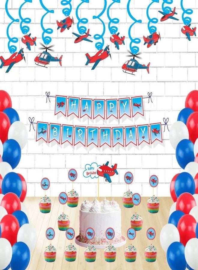 Untumble Aeroplane Birthday Decorations for Boys or Girls | Perfect Aeroplane Theme Decorations With Swirls, Happy Birthday Banner, Balloons, Cake & Cup Cake Toppers | Pack of 64 - Image 1