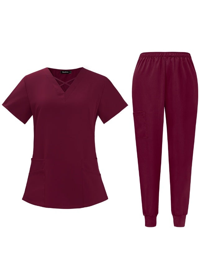 NIBEMINENT Medical Scrubs Surgical Uniforms Women Fashionable V-neck Short Sleeved Top Pants Sets Hospital Doctor Clinic Nurse Work Uniform - Image 1