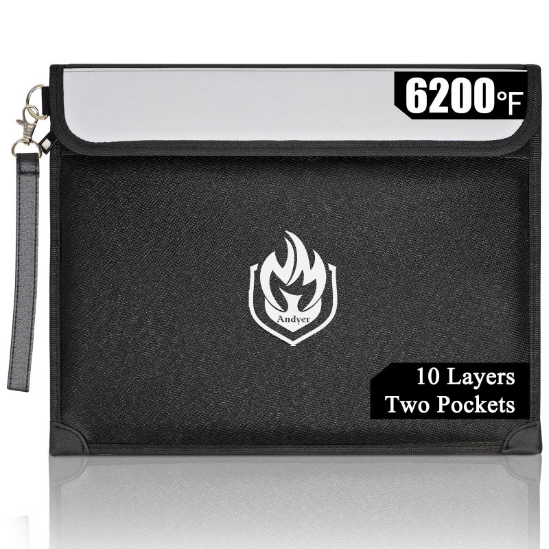 andyer 2 Pockets Fireproof Document Bag 6200Â°F, 10 Layers Waterproof Fireproof Money Bag for Cash with Reflective Strip, Heat Insulated Waterproof Document Holder Pouch, Fire Safe Storage (Black) - Image 1