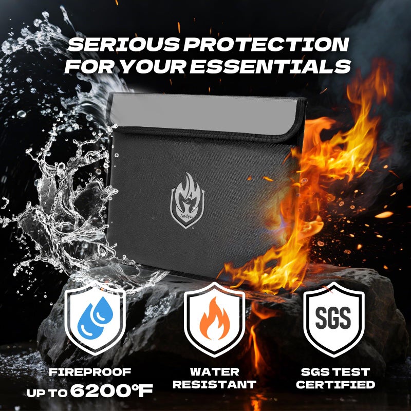 andyer 2 Pockets Fireproof Document Bag 6200Â°F, 10 Layers Waterproof Fireproof Money Bag for Cash with Reflective Strip, Heat Insulated Waterproof Document Holder Pouch, Fire Safe Storage (Black) - Image 2