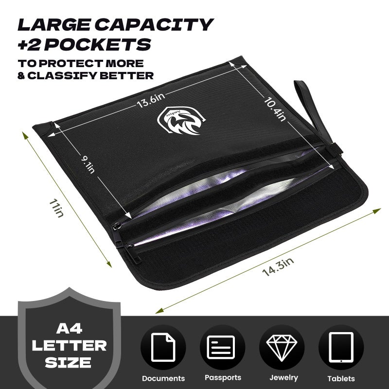 andyer 2 Pockets Fireproof Document Bag 6200Â°F, 10 Layers Waterproof Fireproof Money Bag for Cash with Reflective Strip, Heat Insulated Waterproof Document Holder Pouch, Fire Safe Storage (Black) - Image 3