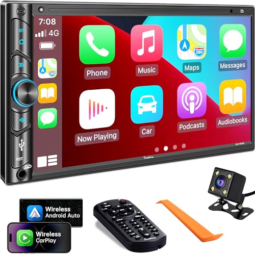 SJOYBRING Double Din Car Stereo Compatible with Voice Control Apple Carplay - 7 Inch HD LCD Touchscreen Monitor, Bluetooth, Subwoofer, USB/SD Port, A/V Input, AM/FM Car Radio Receiver, Backup Camera - Image 1