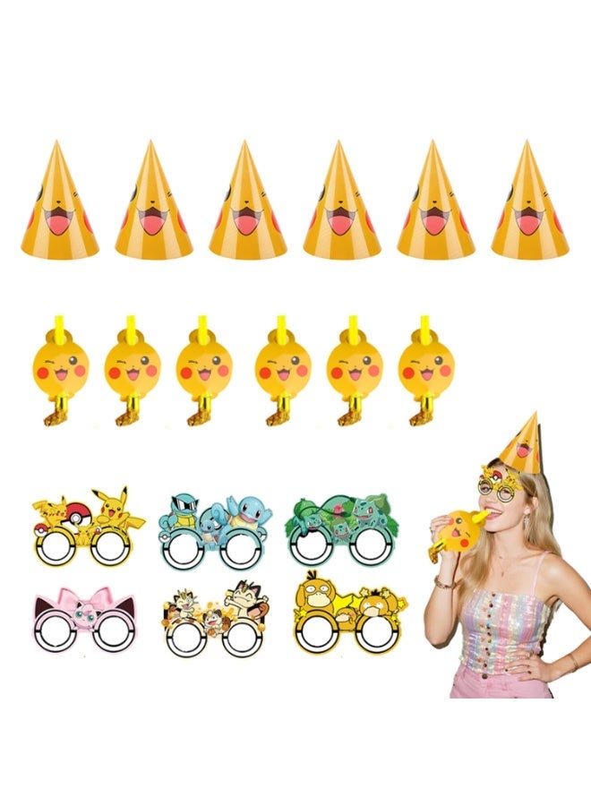 ILovhaprty Pokemon Pikachu Party Supplies 18PCS – Pikachu Party Hats, Party Blowouts & Cartoon Glasses for Kids Birthday, Pokemon Theme Party Decorations & Photo Booth Props - Image 1