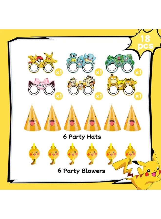 ILovhaprty Pokemon Pikachu Party Supplies 18PCS – Pikachu Party Hats, Party Blowouts & Cartoon Glasses for Kids Birthday, Pokemon Theme Party Decorations & Photo Booth Props - Image 2