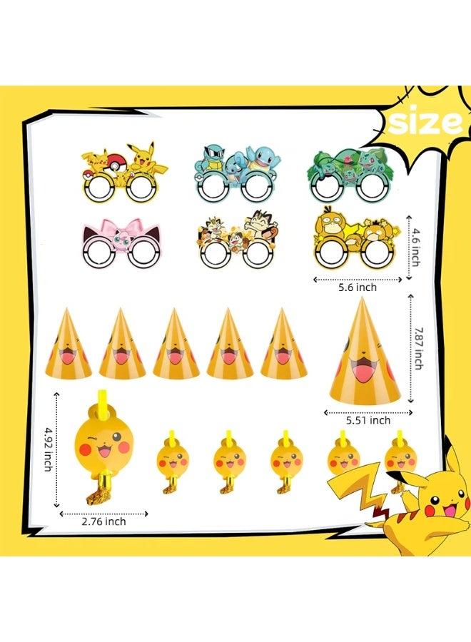 ILovhaprty Pokemon Pikachu Party Supplies 18PCS – Pikachu Party Hats, Party Blowouts & Cartoon Glasses for Kids Birthday, Pokemon Theme Party Decorations & Photo Booth Props - Image 3