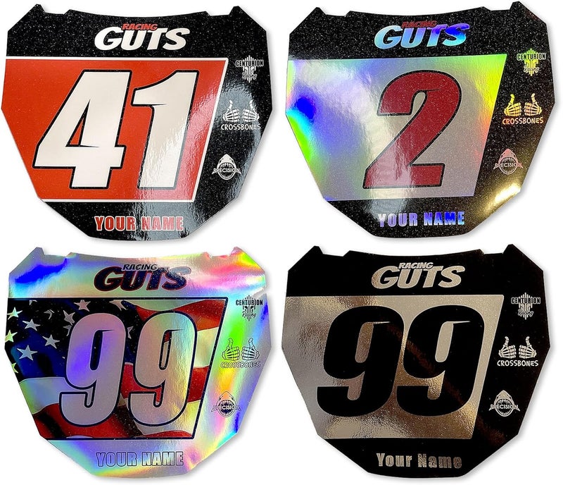 PosterOffice Custom ODI DH Size EBike Number Plate Sticker Decal Racing Guts Design – Personalized with Name & Number – Multicolor Eye-Catching Design for Surron in Holographic Chrome or White Vinyl. - Image 1