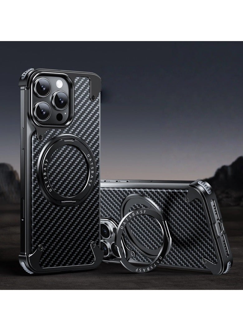 غطاء iPhone 16 Pro Max من ألياف الكربون بدون حواف - مع حامل دوار مغناطيسي - تركيب دقيق - تصميم نحيف خفيف الوزن مقاوم للتآكل - مع تثبيت قوي